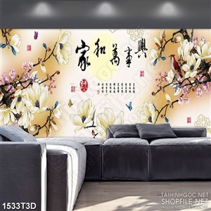 Tranh 3d nghệ thuậtc chú chim đậu trên cành hoa trắng