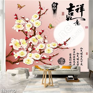 Tranh 3d treo tường cành hoa anh đào bên trăng tròn