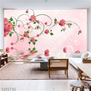 Tranh 3d  trang trí những bông hoa hồng trên mặt nước