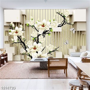 Tranh 3d dán tường cành  mộc lan trắng bên đàn bướm