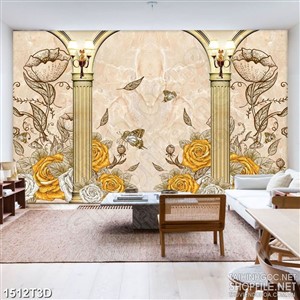 Tranh 3d treo tường vườn hoa hồng dáp vàng và bạc psd