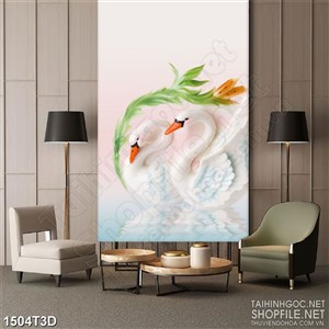 Tranh 3d treo tường đôi thiên nga trắng trong hồ nước
