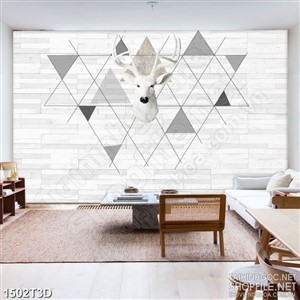 Tranh 3d dán tường chiếc đầu hươu trắng bên họa tiết