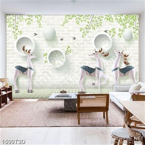 Tranh 3d treo tường đàn huơu bên những chú chim nhỏ