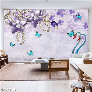 Tranh 3d dán tường bông hoa tím dáp vàng trên hồ nước