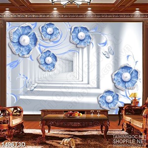 Tranh 3d treo tường bông hoa ngọc trai màu xanh dương