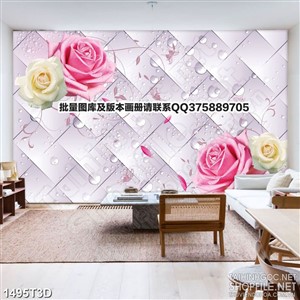 Tranh 3d  trang trí những bông hoa hồng bên giọt nước