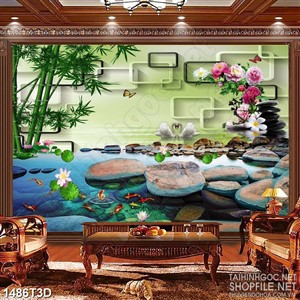 Tranh 3d dán tường  con suối nhỏ và hoa mẫu đơn