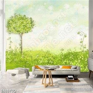 Tranh 3d nghệ thuật đồng cỏ xanh hoa trắng bát ngát