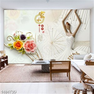 Tranh 3d treo tường chiếc váy cô dâu bên hoa hồng psd