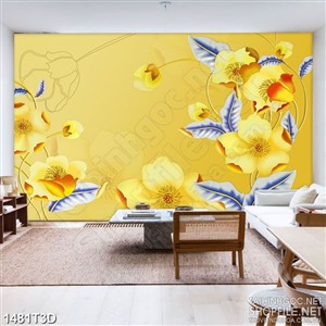 Tranh 3d nghệ thuật những chiếc lá xanh bên hoa vàng