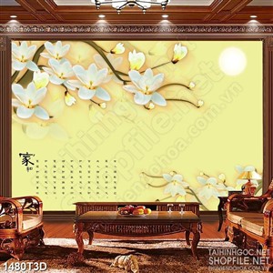 Tranh 3d treo tường cành hoa mộc lan trắng bên trăng