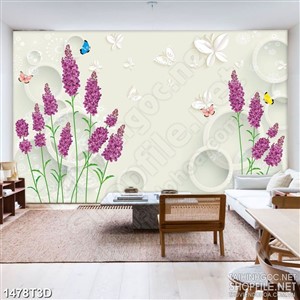 Tranh 3d treo tường những bông hoa tím bên đàn bướm