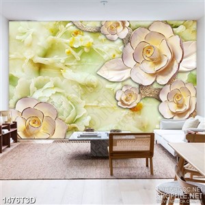 Tranh 3d dán tường hoa dáp vàng trên nền giả ngọc