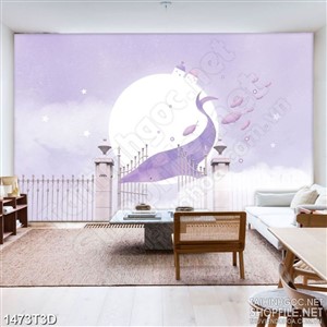 Tranh 3d  trang trí chú cá voi bên ánh trăng tròn