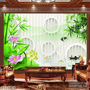 Tranh 3d dán tường hoa sen và bụi tre trên sông