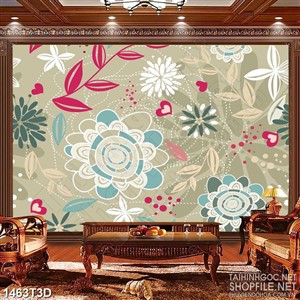 Tranh 3d nghệ thuật những đóa hoa và trái tim đỏ