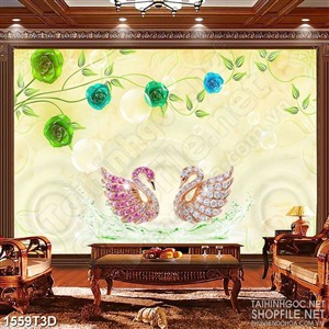 Tranh 3d  trang trí bông hoa hồng xanh bên hồ thiên nga