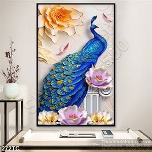 Tranh chim công màu xanh phù điêu in uv file psd