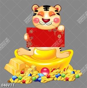 chú hổ nhỏ trên đống vàng cầm thiếp mời năm mới