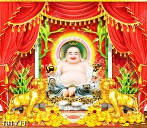 tranh Phật Di Lặc ngồi bên hổ mang tài lộc trong kinh doanh