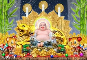 tranh dán tường Phật Di Lặc ngồi bên hổ vàng uy nghiêm