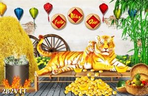 File In bộ tranh mẹ con hổ bên nồi bánh chưng truyền thống phát tài phát lộc