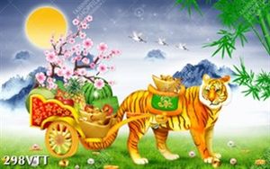 File In tranh phong thủy mãnh hổ kéo xe vàng phát tài phát lộc
