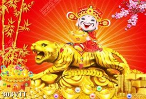 File In sắc màu rực rỡ, vui tươi tranh thần tài cưỡi hổ vàng ngày Tết