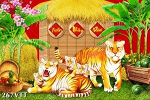 File In tranh trang trí gia đình ngũ hổ trong phong cảnh làng quê năm nhâm dần