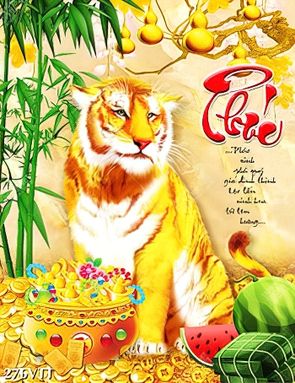 File In tranh tường nghệ thuật hổ vằn ngồi bên chữ Phúc nhâm dần 2022