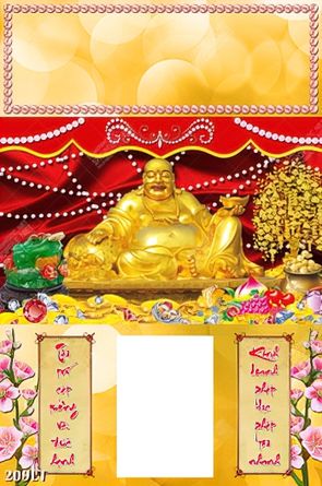 mẫu tranh lịch phật Di Lặc ngồi trên tiền vàng được ưa chuộng nhất đầu năm