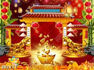 File In background tranh hổ gầm đứng trên đống vàng treo phòng khách đẹp