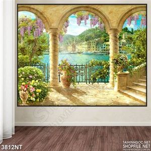 Tranh khu vườn phía trên sông xanh đầy hoa