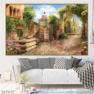 Tranh thành phố cổ đầy cây xanh và hoa