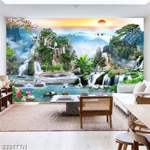 Tranh dán tường phong thủy thác nước sông núi và cây thông xanh in uv Tranh dán tường phong thủy thác nước sông núi và cây thông xanh in uv