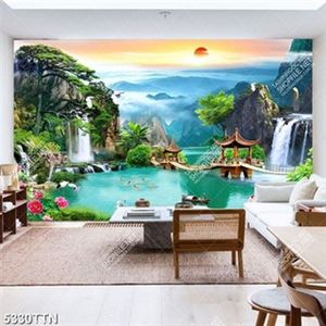 Tranh dán tường phong thủy cầu gỗ và thác nước in kính Tranh dán tường phong thủy cầu gỗ và thác nước in kính