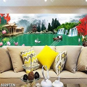 Tranh ngôi nhà gỗ trên dòng sông xanh và cây lá đỏ file PSD Tranh ngôi nhà gỗ trên dòng sông xanh và cây lá đỏ file PSD