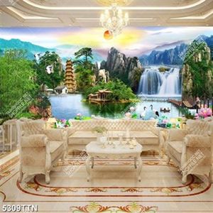 Tranh dán tường ngôi chù nhỏ bên núi và thác nước chất lượng cao Tranh dán tường ngôi chù nhỏ bên núi và thác nước chất lượng cao