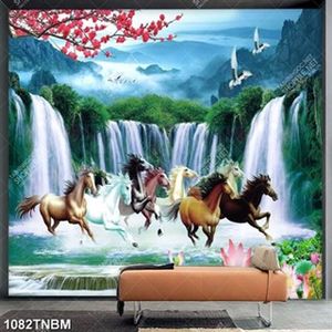 Tranh bát mã bên thác nước in kính