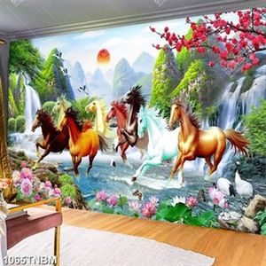 Tranh đàn ngựa bên cành đào đỏ và hoa sen in kính