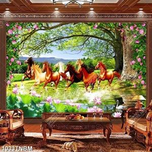 Tranh đàn ngựa bên hồ sen in uv