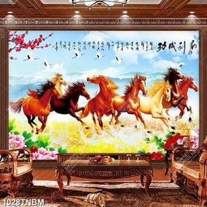 Tranh thư pháp bát mã bên cành đào đỏ in uv