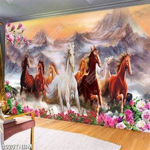 Tranh sơn dầu bát mã bên hoa mộc lan dán tường