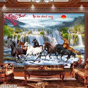 Tranh sơn thủy bát mã decor phòng khách chất lượng cao