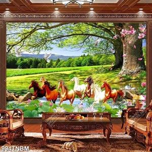 Tranh decor tường bát mã và hoa sen in kính Tranh decor tường bát mã và hoa sen in kính