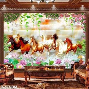 Tranh đá trang trí tường bát mã và hoa sen chất lượng cao