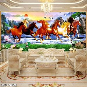 Tranh decor phòng khách bát mã và chim hạc trên đỉnh núi đẹp