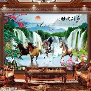 Tranh thư pháp sơn thủy bát mã in kính