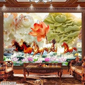 Tranh đá bát mã và hoa sen in kính